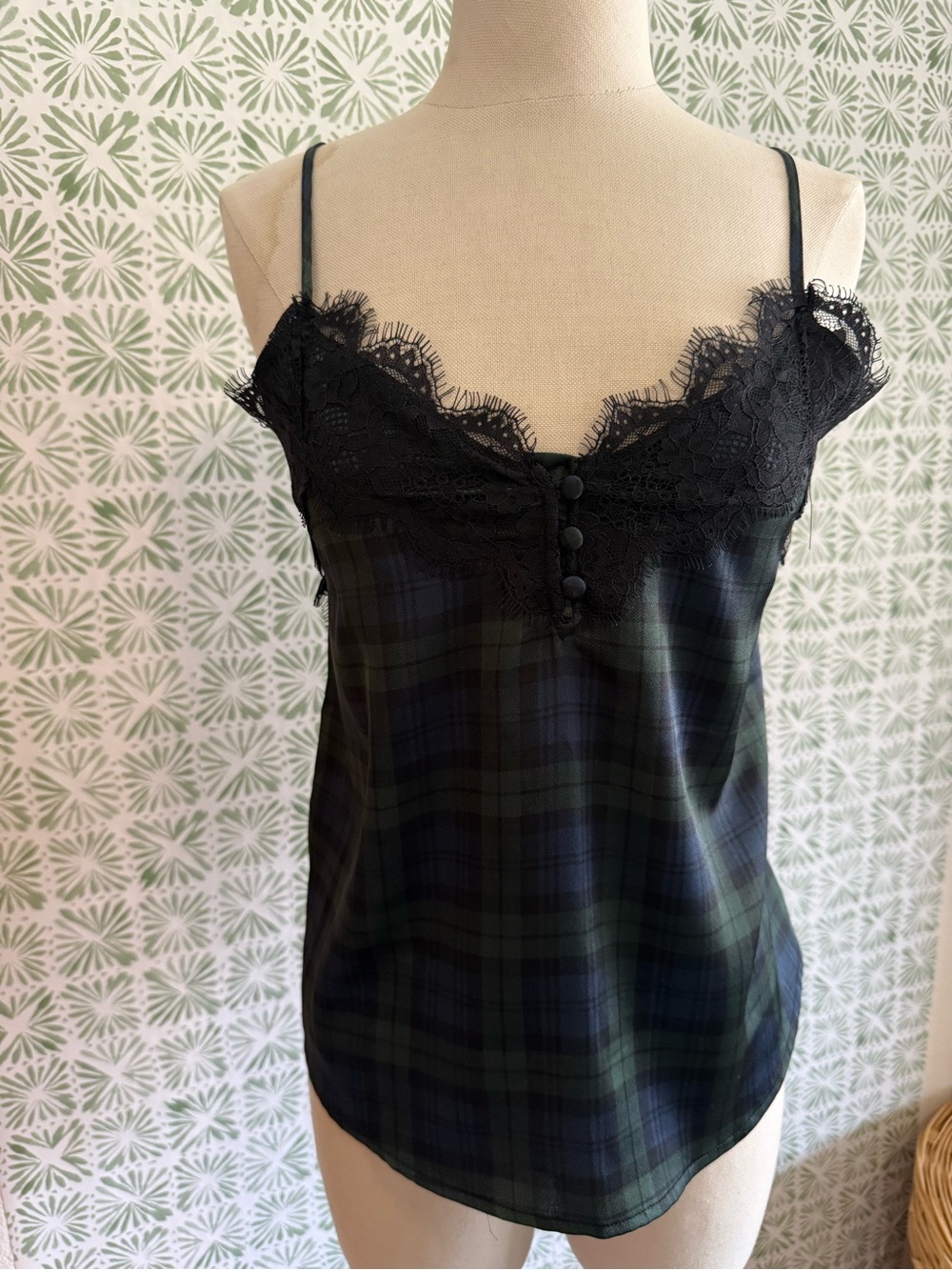 Abercrombie & Fitch Black Lace and Dark Green Plaid Top
